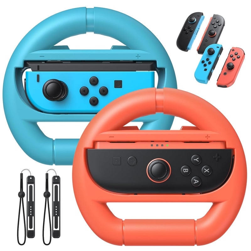 FASTSNAIL [Switch 1/2 Compatible] Steering Wheels for Nintendo Switch 2/1/OLED for Joy-Con 2, Racing Wheels for Mario Kart World/8 Deluxe Gaming, Universal Joypad Wheels 2 Pack (Orange,Blue) - Image 1